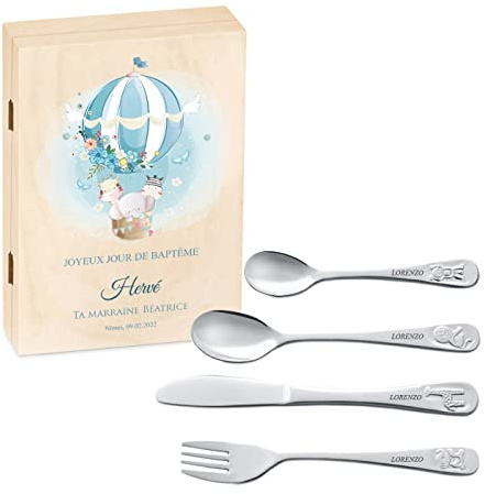 Maverton Set de couverts enfant - cadeau personnalisé pour garçon - Coutellerie dans coffret imprimé - Couverts Thème Animal - Cadeau bapteme garcon - Cadeaux bébé - Couvert bebe - AÉROSTAT