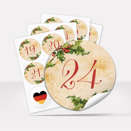 Adventskalender-Zahlen Aufkleber 1 bis 24 / Vintage Beige Zahlen rot/Etiketten/Sticker/Weihnachtskalender/Advent/Rund/DIY/zum Aufkleben