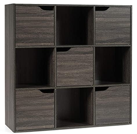 COSTWAY Büroregal mit 5 Türen, 9 Fächer, Aktenregal, Bücherregal freistehend, Ordnerregal Standregal Aufbewahrungsregal, 90 x 29 x 90 cm (Grau)
