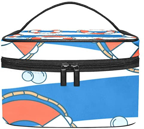 Lifebuoy Water Blue White Waves Stripe Makeup Organizer Bag, Travel Makeup Bag Organizer Case Portable Cosmetic Bag for Women and Girls Toiletries