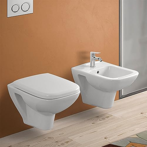 Inbagno Coppia di Sanitari sospesi Rimless Senza brida in Ceramica Bianco Lucido, Sedile Originale Soft-Close e Scarico a Parete, Serie Venti