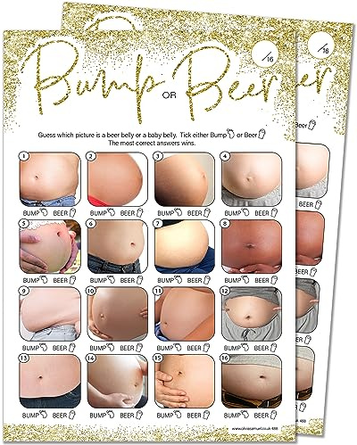 Olivia Samuel Beer or Baby Baby Shower Game for up to 30 Players – Gold Sparkle Design with Winner Certificate – Unisex – Made in the UK