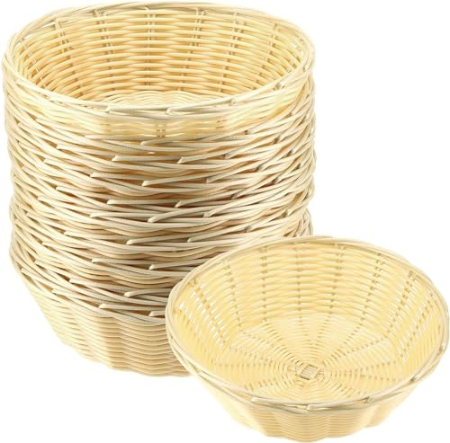 TAICHEUT 20 Stück Weidenkorb, 20 cm, handgewebt, rund, Kunststoff, Brotkörbe, kleine Lebensmittel-Servierkörbe für Küche, Bäckerei, Party und Weihnachten, Beige