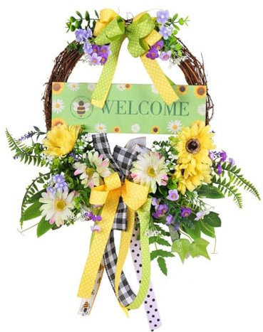 BEIJIALY Decorazione primaverile segni per porta di benvenuto, ghirlanda primaverile cartello di benvenuto per porta d'ingresso, fiori colorati ghirlanda decorativa primaverile con girasole, cartello