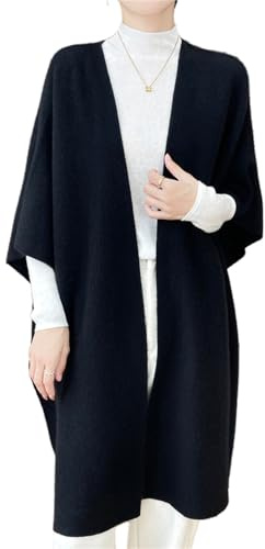Ailaile 100 % laine mérinos châle Wrap Femme Poncho Cape Cardigan Automne Hiver Lâche Ouvert Pull Manteau, noir, Taille Unique