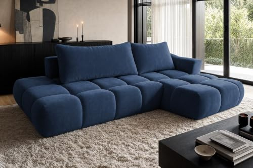 COMFORTINO FURNITURE Ecksofa mit Schlaffunktion Luna L-Form, Sofa Couch mit Bettkasten, 3-Sitzer Eckcouch, Schlafsofa für Wohnzimmer, Big Sofa Couch mit Schlaffunktion (Blau, Ottomane Rechts)