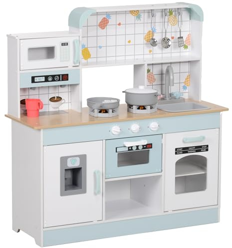 AIYAPLAY Toy Kitchen with Hob Sound Light Coffee Machine for Boys and Girls | Pretend Role Play Kitchen, Ice Maker, Microwave, Oven, Storage Space, Ages 3 Years