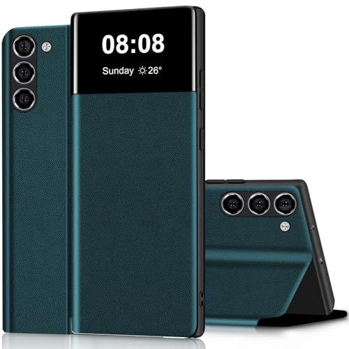 Wallet Case für Samsung Galaxy S23 Hülle Clear View Handyhülle für Samsung S23 Klapphülle Flip Cover mit Ständer Stoßfest Kratzfest Leder Schutzhülle Kartenfach Handytasche 5G/6.1 (Grün)