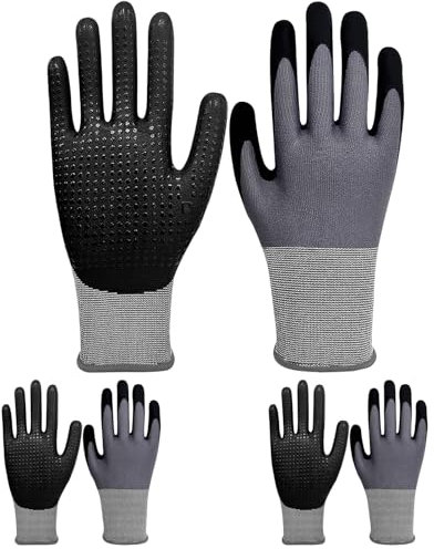 TIANXUAN 3 Pairs Safety Work Gloves Nitrile Coated Safety Work Gloves for Men Dots for Anti Slip Grip Breathable Abrasion for Gardening Logistics Assembly Utilities Mechanic Public Works (Large)