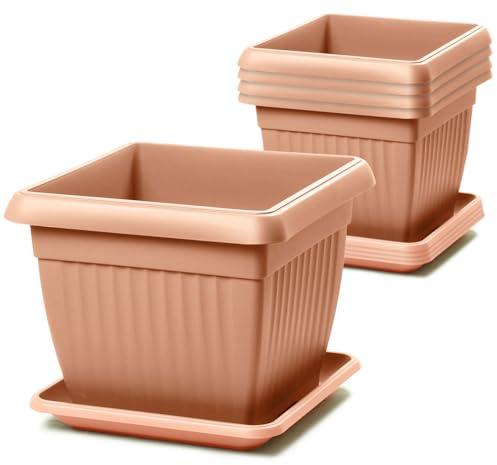IMJ-Global Lot de 5 Pots et soucoupes carrés, Sol en Plastique, 45 x 45 x 35 cm, intérieur extérieur, Couleur Terre Cuite, Design Classique