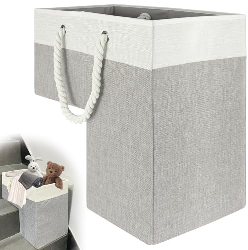 Stair Basket for Carpeted and Wooden Stairs - Foldable Staircase Basket for Stairs with Handle, Step Stairs Storage Basket for Toys, Clothes, Books, Tools, Magazine (Grey, 16 L x 10 W x 16 H)