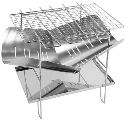 Generisch Holzkohlegrill Grillwagen, Edelstahl Faltgrill Outdoor BBQ Grills Tragbare Camping Grill Holzkohle Stahlgrill Für BBQ Camping Garten Balkon,Silber