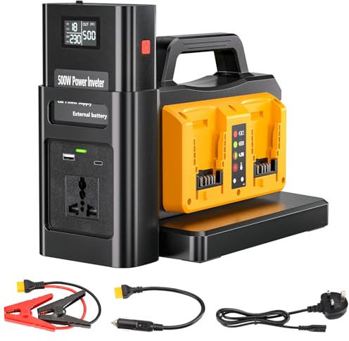 500W Pure Sine Wave Power Inverter 18v to 240v, 4-Ports Battery Charger for DeWalt 18v Battery,Car Inverter DC 12v to AC 230V for Camping, Travel,Emergencies(Tool Only)