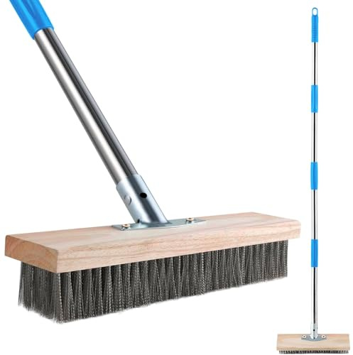 Wire Scrub Weed Brush with Long Handle Heavy Duty Wire Broom Decking Brush for Patio Garden Stainless Steel Stiff Bristle Scrubber for Moss,Algae,Weed Removal Outdoor Floor Cleaning 4 Detachable Pole