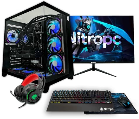 NitroPC - Pack Gold Plus v2 | PC Gamer Complet (AMD Ryzen 7 5800X 3.8GHz, RTX 5060 8Go, 32Go RAM, M.2 1To, Windows 11 Pro, RGB | WiFi, écran 24, Clavier, Souris, Casque, Ordinateur Gaming (Noir)