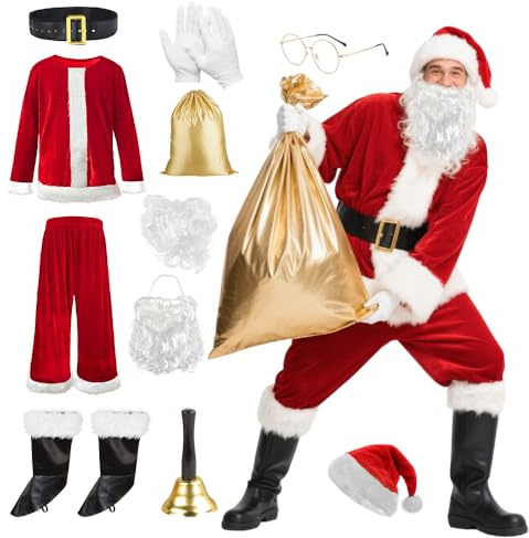 XPJBKC Costume de Père Noël pour homme - Costume de Noël 11 en 1 pour homme - Avec ceinture, barbe, gants, bottes, lunettes, perruque, portefeuille, clochette, costume de Saint-Nicolas pour décoration