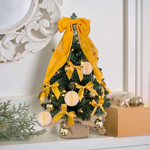 Arbol de Navidad Pequeño 60 cm, Mini Arbol de Navidad con Luces Led, Lazo, Bola Decorativa para Decoración Navideña En Casa, Oficina (Dorado)