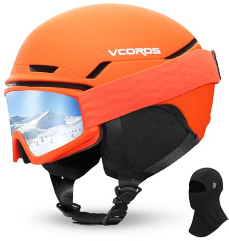 Casque de Ski avec Lunettes de Ski Masque Casque de Snowboard avec Détachable Cache Oreilles pour Unisexe Anti-Vent Anti-UV Casques de Neige pour Snowboard (Orange Mat+Masque de Ski+Cagoule, M)