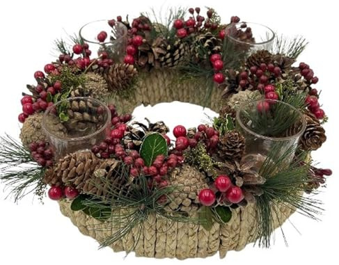 Adventskranz Adventsgesteck mit Zapfen & Beeren – Kranz oder Gesteck mit Teelichthalter (Kranz)