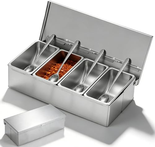 Recipiente para ingredientes de acero inoxidable con 4 compartimentos, 450 ml, recipiente para guarniciones con tapa, 30 x 14 x 8 cm, recipiente para ingredientes para cócteles, especias, barbacoa