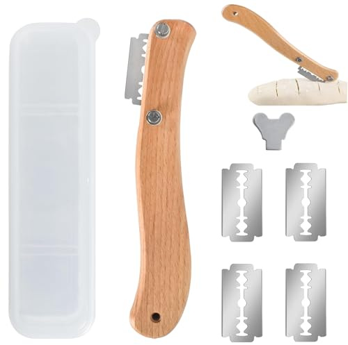 HRMGJH Backmesserset,BäCkermesser,Teigmesser,Aus Holz Brot Einschneidemesser,Meistermix Teigmesser,Mit 5 Klingen Und 1 Kunststoffbox,Kann Mit Mustern Graviert Werden Teig,Geeignet FüR Selbstgemachte