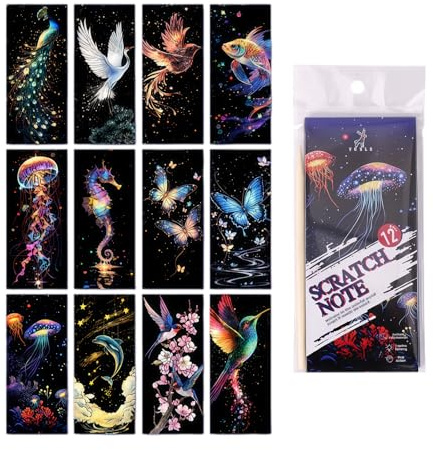 12PCS Animal World Scratch Art for Adults Kids, Rainbow Bookmarks Scratch Card Reveal Paper with Bamboo Stick, Arts and Crafts for Creative Entertainment, Scratch Art Party Bag Fillers