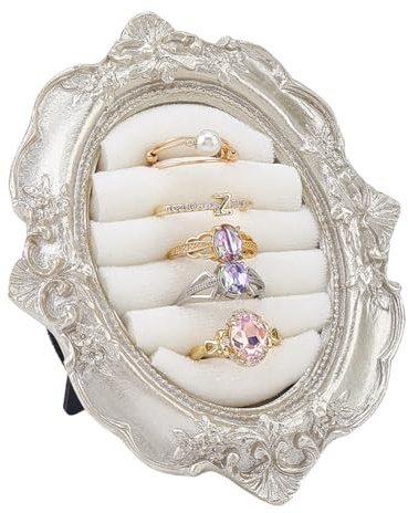 FINGERINSPIRE Vintage Ring Halter 11.9x9.7cm Silber Resin Schmuck Präsentation Oval Verlobungsring Ständer Barock Stil Ring Halter Antik Gold Ringhalter für Schmucktisch Hochzeits Präsentation