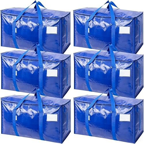 LUBEWISE 6 sacchetti per traslochi, 93 l, grandi borse blu | Borsa portaoggetti pieghevole con cerniera, manici, per trasloco, campeggio, biancheria da letto e vestiti