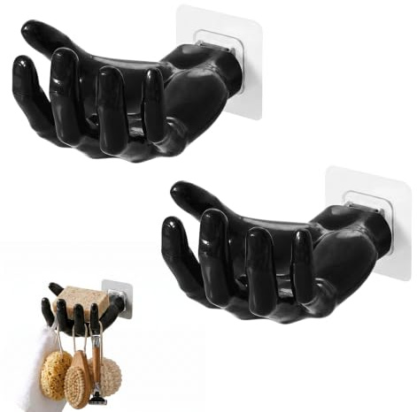 JIAC 2 Stück Seifenschale Ohne Bohren Handförmige Selbstklebend Seifenablage 5 Haken Kunststoff Wandmontage Seifenhalter mit Ablaufrinne Schwarz Seifenschale Dusche für Dusche,Badezimmer,Küche