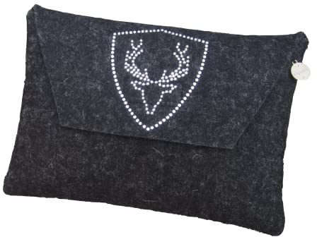zigbaxx Dirndl-Bag PLATZHIRSCH/Trachtentasche, Gürteltasche, Tasche, Dirndl Tasche Oktoberfest Wiesn Jägerin aus Woll-Filz mit Hirsch aus Strass & Studs, grau anthrazit-schwarz pink beige braun