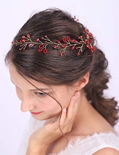 Anglacesmade Bridal Headband Red Crystal Hair Vine Ruby Headpiece for Brides Bridesmaid Wedding Prom Festival Hair Accessories for Women and Girls