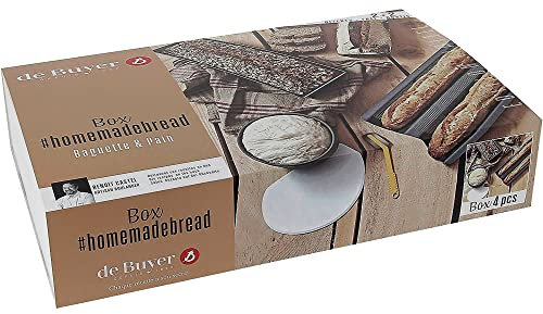 De Buyer - Box #HOMEBREAD Baguette & Pain : plaque de cuisson, moule rectangulaire, grignette et corne souple - 4 pièces -