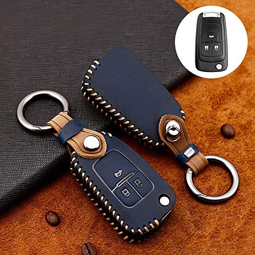 ontto Rindsleder Autoschlüssel Hülle Cover für Chevrolet Cruze Camaro Aveo Opel Adam Astra Insignia Corsa Cascada Schlüsselhülle Schlüsselanhänger Schlüssel Schutz Etui Fernbedienung 3 Tasten-Blau