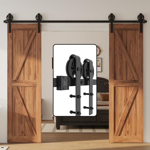 WINSOON 305 cm Double Porte Quincaillerie pour Des Double Portes Coulissante de Grange En Bois Antique Roue de Base à Gros Rayons Noire Roller Kit Système de Rail de Support d'armoire de Garage