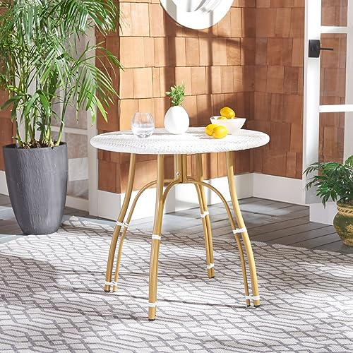 SAFAVIEH Outdoor - Kylie Bistro Side Table - White Faux Wicker & Aluminum Frame - Parisian Round Bistro Design - Ideal for Patio, Deck, Sunroom, Dining Area, 31.5 W x 31.5 D x 30 H (PAT4011C)