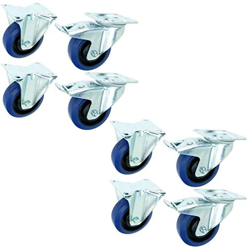 2 Satz 100 mm BLUE WHEELS Lenkrollen mit Bremse/Feststellbremse + Bockrollen Transportrollen Schwerlastrollen 135 kg/Rad Blau - INDUSTRIEQALITÄT ECO (2 Satz Brems/Bock)