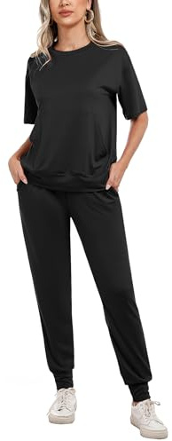 Irevial Sportivo Donna Completo, Completi Sportivi Donna Due Pezzi, Tuta Donna Sportiva Estiva Casual, Elegante Tuta Donna Ginnastica per Jogging, Training, Casa, Nero, S