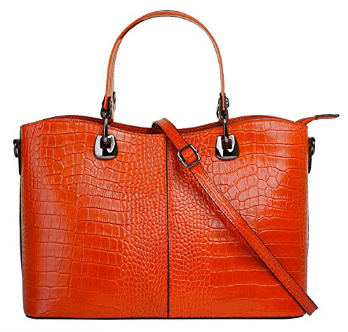 Cluty Handtasche Echt Leder Damen Made in Italy, Smartphonefach, Damenhandtasche im Kroko-Design, Umhängetasche mit Reißverschluss, Ledertasche mit Henkel