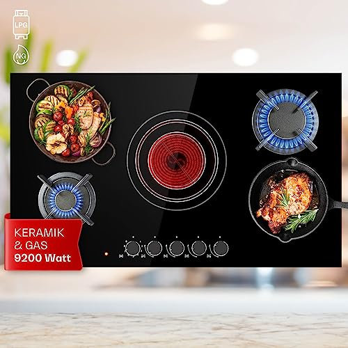 Klarstein Gaskocher 4-Flammig und 1 Glaskeramik Kochfeld, 9,2 kW Einbau-Gaskocher für Innenbereich, Edelstahl-Gaskocher für Wohnmobil, 4-Flammiger Gaskocher, Moderner Einbau Gasherd, Gas Herd