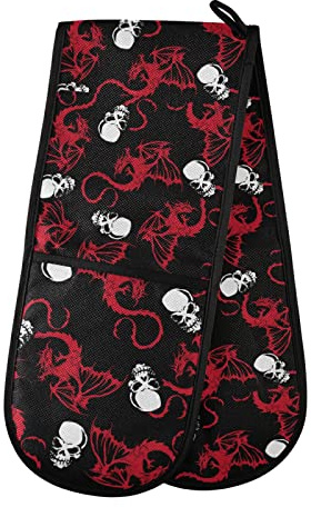 Seamless White Skull and Red Wing Flying Dragon on Dark Black Double Oven Mitt Gloves Extra Long Potholder High Heat Resistant for Baking Cooking Baking Grilling Handling Hots Pans 35x7