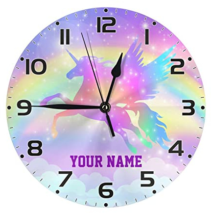 SUQINFA Custom Unicorn Rainbow Wall Clock for Kids Room, Personalized Kid Name Wall Clock Birthday Gift, Customized 10 inch Round Clock Children Room Decor for Girls Boys