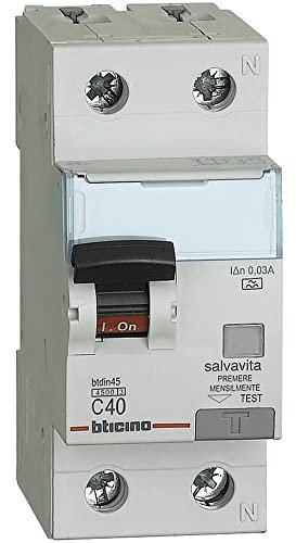 Bticino GA8813A40 BTDIN45 SALVAVITA 1P+N Tipo A Differenziale Magnetotermico Interruttore, 40 A Corrente di Dimensionamento, 4.5kA Potere di Interruzione Nominale Secondo, 230 V Tensione, 2 Moduli