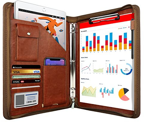 WRIYES Schreibmappe A4 mit Ringbuch Reißverschluss, PU Kunstleder Konferenzmappe, Business Büro Mappen Organizer, Mit Klemmbrett und Multifunktionstasche (Braun)