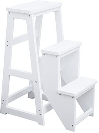 KAZUP Sgabello Pieghevole Sedia a pioli in Legno, Scaletta Portatile a 3 gradini Sedia Scaletta Pieghevole per Cucina Domestica Sgabelli da Campeggio a soppalco, Bianco