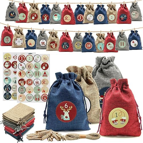 Calendario de Adviento para Rellenar 24 Piezas Calendario de Navidad para Rellenar, con 10m de Cuerda y 48 Números de Adviento Adhesivos, DIY Bolsas de Tela Bolsas de Calendario de Navidad (4 Colores)