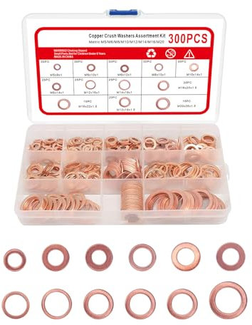 300 Pezzi Rondella Piatta di Rame,Guarnizione O'Ring Assortimento Kit,Metrica Piatta Rondelle di Tenuta per Sistemi Idraulici,Fissaggi a Vite per Motori di Barche Auto-M5 M6 M8 M10 M12 M14 M16 M20