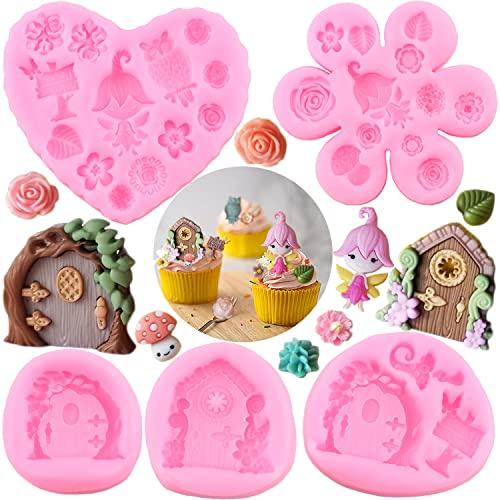 RFGHAC Enchanted Vintage Fairy Garden Fairy Gnome Home Door Window Silicone Moulds Flower Leaf Mushroom Fondant Mould for Rose Cake Decorating Cupcake Candy Chocolate Gum Paste Set of 5
