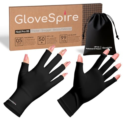 GloveSpire Thickened UPF50+ UV Gloves for Nails, One Size, Black | Fingerless, Sun & UV Protection, Thickened Stretch Fabric, 2 Sizes for a Better Fit, Included Storage Pouch, Home & Salon Use