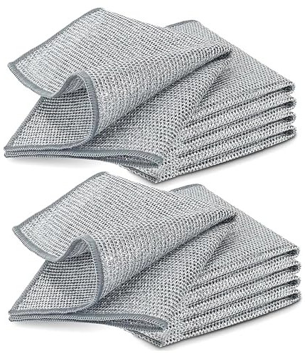 YinQin 10 PCS Double Layer Stainless Steel Scrubber Wire Dishwashing Cloth Non Scratch Stainless Steel Mesh Dish Cleaning Cloth 20x20cm Metallic Wire Cleaning Rag Towel for Kitchen Dish Sink Stove Top