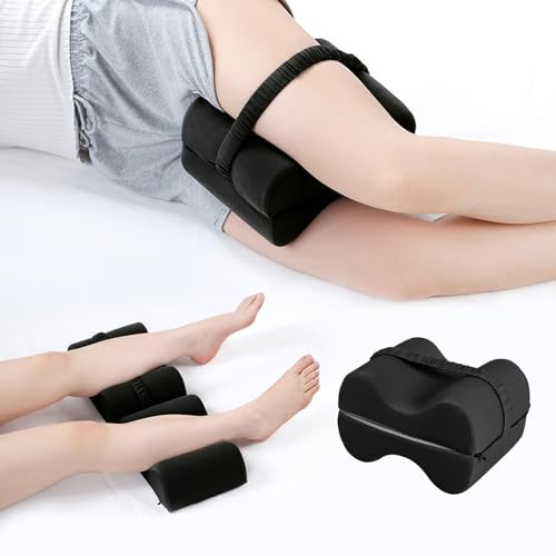 Reidio 1pc Memory Foam Leg Pillow Foldable 2-in-1 Design Knee Support Pillow for Side Sleeper Leg Pad Cushion with Strap & Removable Cover for Relax Sciatica, Back, Hip, Knee, Joint, Pregnancy (Black)